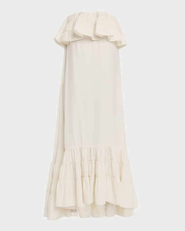 Strapless Tiered Ruffle High-Low Midi Dress